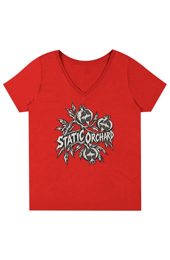 Team red V-neck tee showing STATIC ORCHARD above split pomegranates and thorn branches