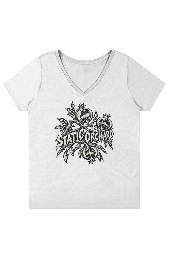 White V-neck tee printed with engraved pomegranates and tall STATIC ORCHARD lettering