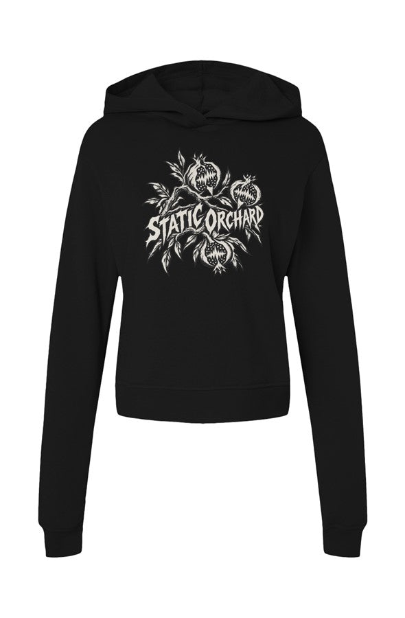 Black hoodie with STATIC ORCHARD lettering across an engraved pomegranate branch