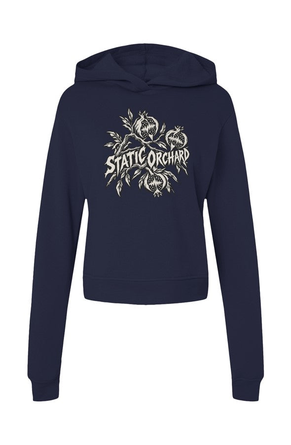 Navy hoodie with STATIC ORCHARD lettering across an engraved pomegranate branch