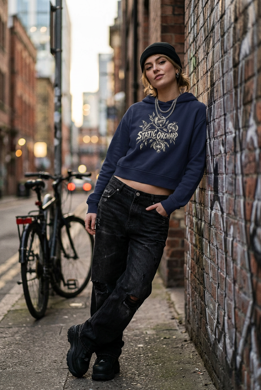 A woman posing on a city sidewalk against a brick wall, wearing a navy blue cropped hoodie with a white graphic print that reads 'STATE ORCHID', distressed black jeans, and a black beanie.