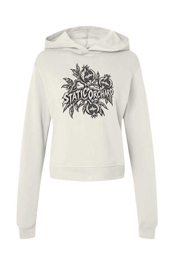 Vintage white hoodie with STATIC ORCHARD lettering across an engraved pomegranate branch