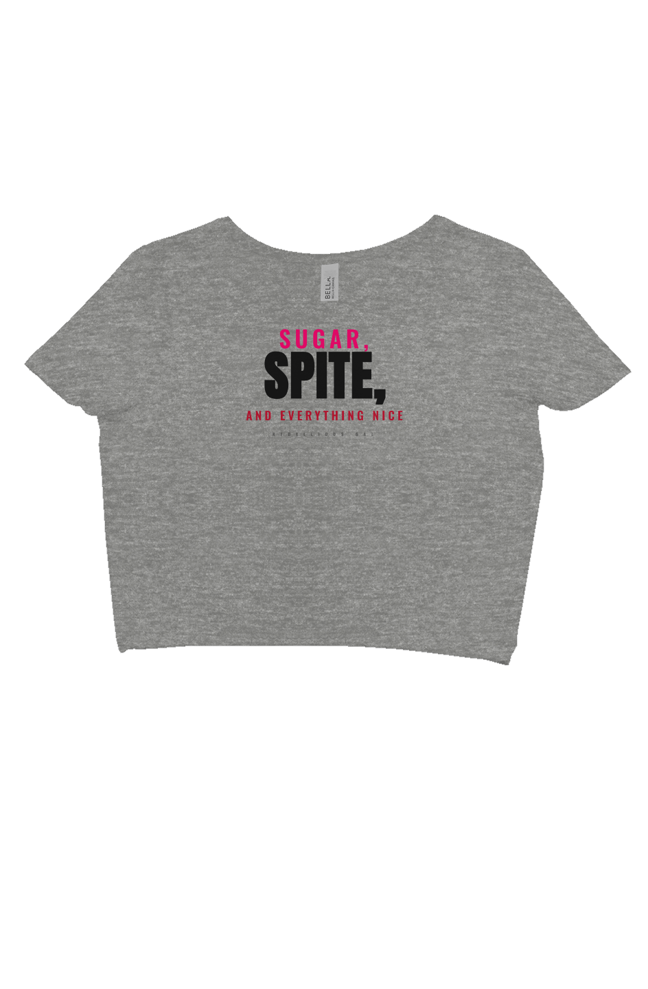 Deep Heather fitted crop tee with Sugar in pink above Spite in black and red