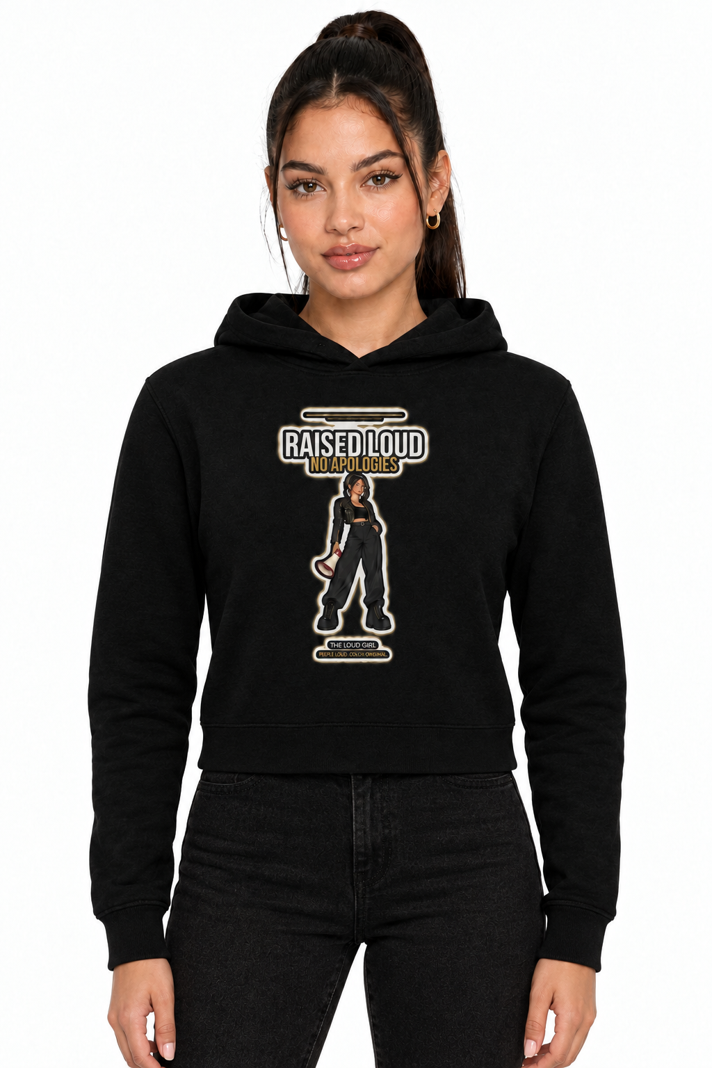 Woman with a dark ponytail in the black classic pullover hoodie with the Raised Loud No Apologies print