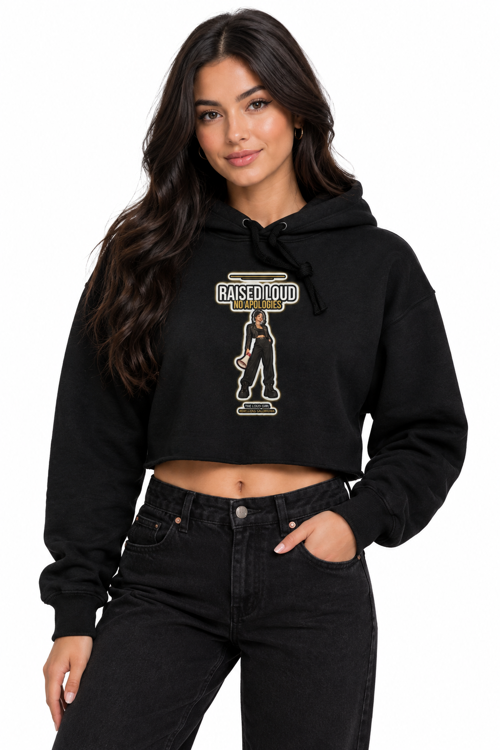 Woman with long dark hair in the black Loud Girl crop hoodie and black jeans