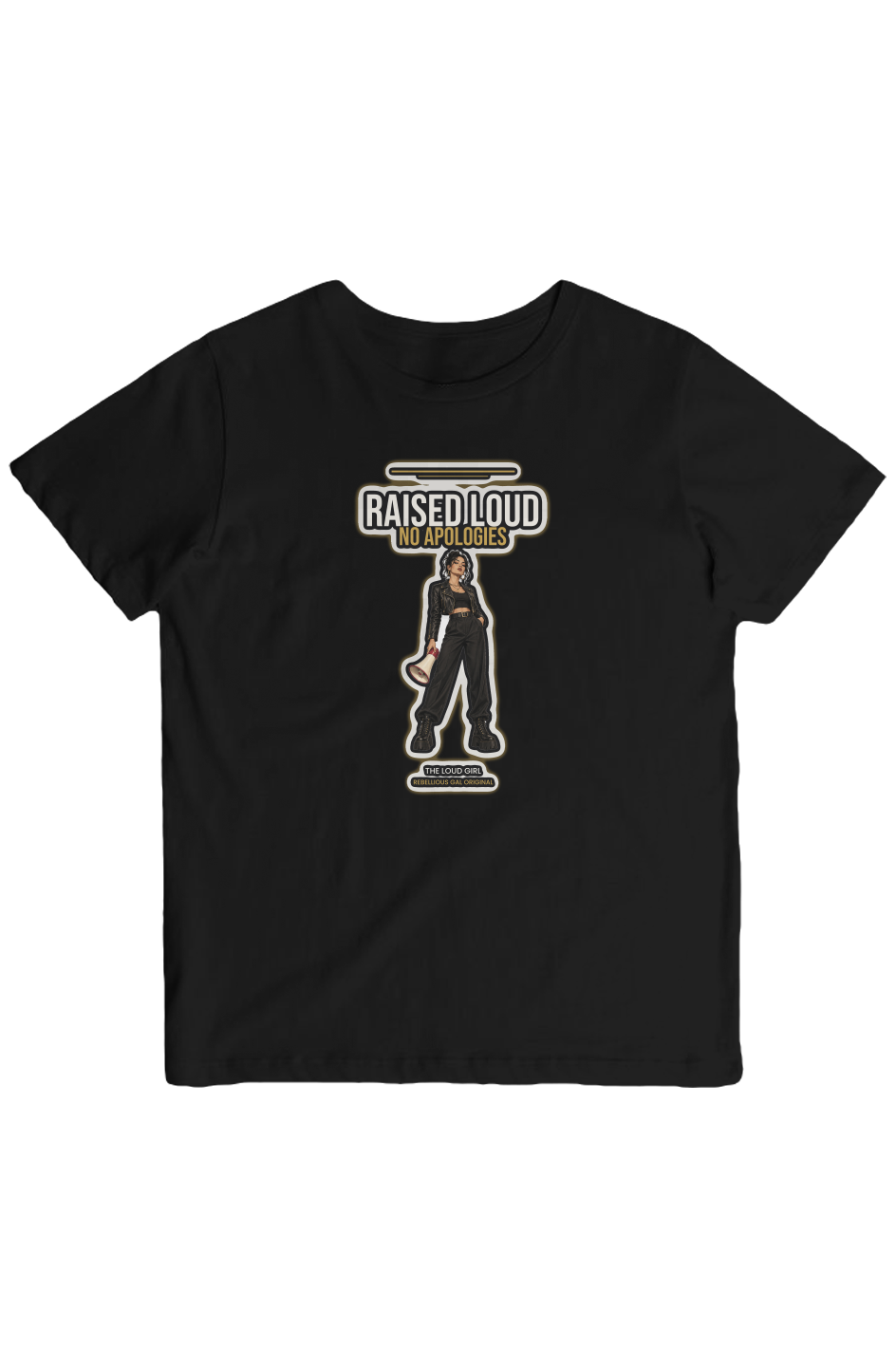 Black crew tee with illustrated woman and megaphone beneath RAISED LOUD, NO APOLOGIES