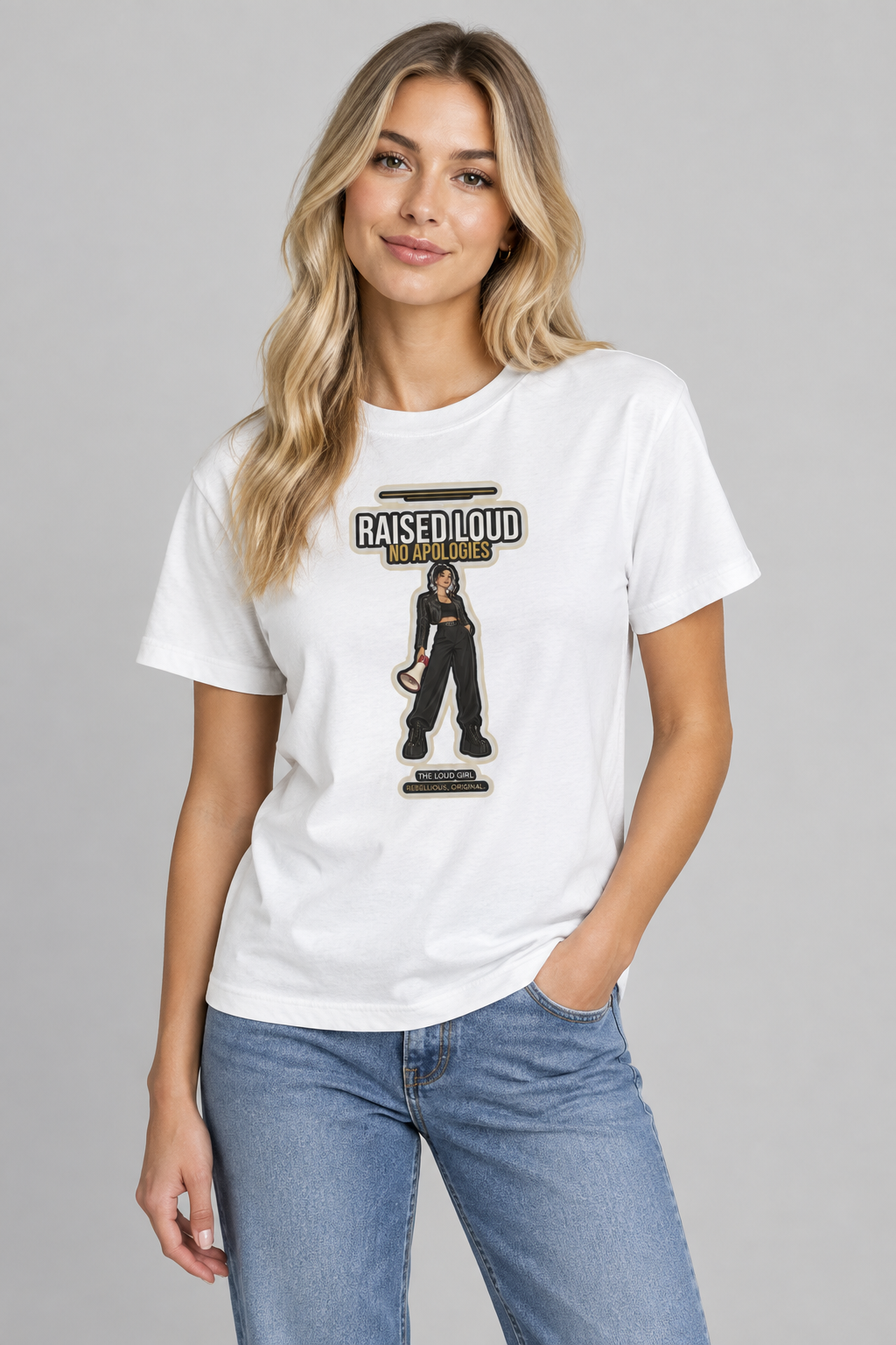 Woman with long blonde hair in the white Loud Girl tee, studio backdrop