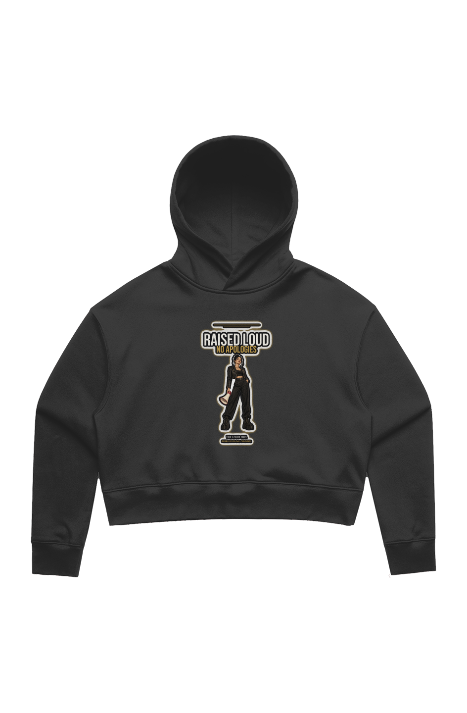 Black hoodie with 'Raised Loud' logo on a white background