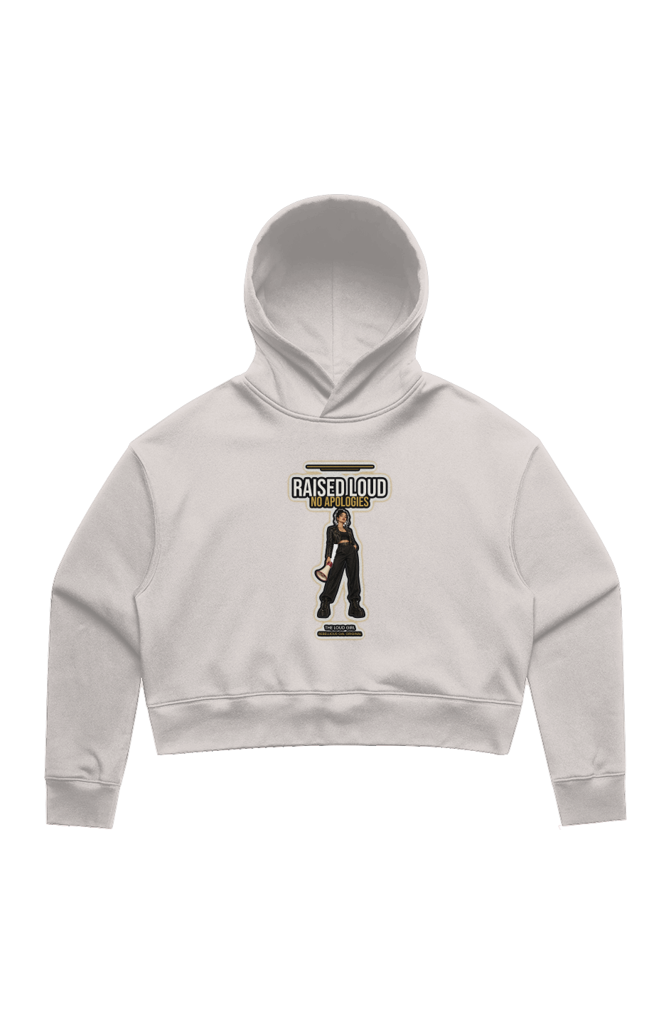 A light gray cropped hoodie with a graphic print on the front showing a woman on a skateboard and the text 'RAISED LOUD'.