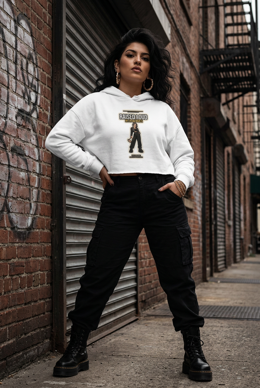 White cropped hoodie worn hands-in-pockets against a graffiti alley wall and metal roller shutter