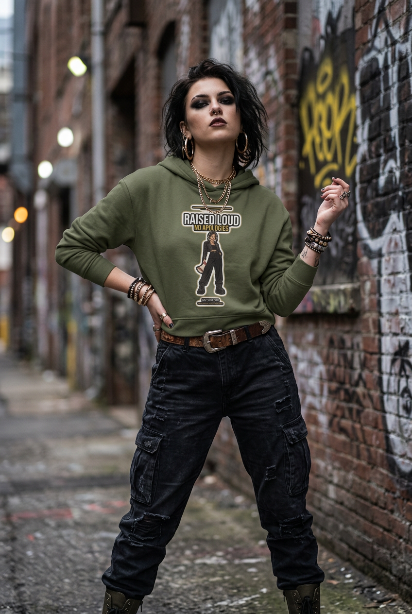 Olive green hoodie and tooled brown belt, fist raised in a brick alleyway