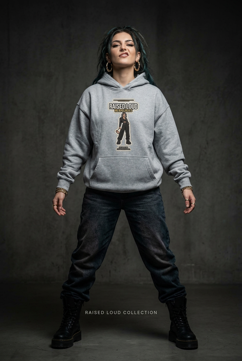 A model wearing a light gray hoodie with a graphic print of a figure and the text 'RAISED LOUD COLLECTION' on the front, paired with dark jeans and black boots, standing against a dark gray textured studio background.