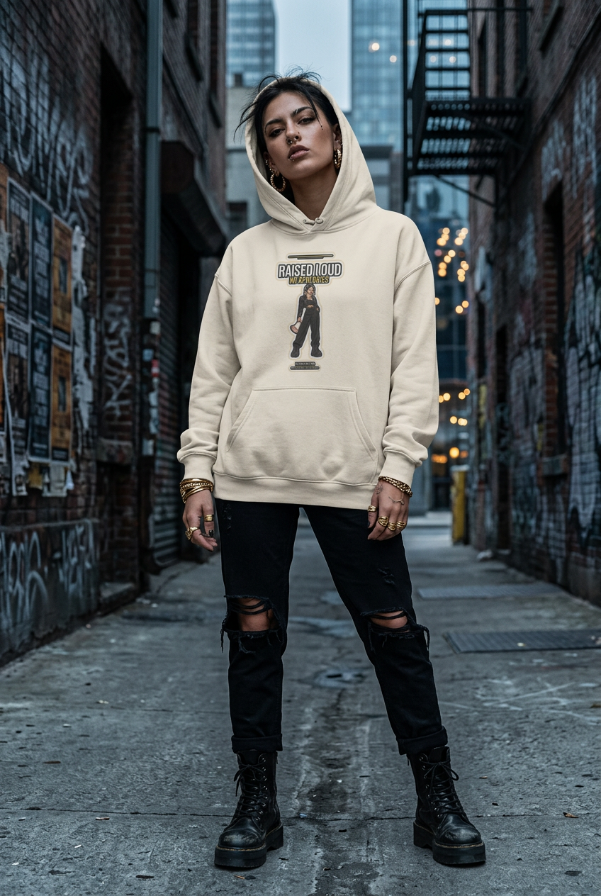 A woman stands in an urban alley wearing a cream-colored hoodie with a black graphic print on the front, paired with black ripped jeans and black combat boots.