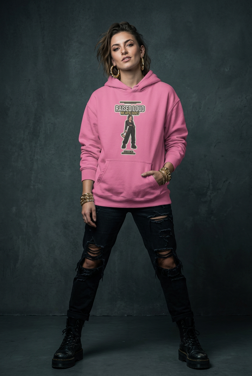 A woman modeling a pink pullover hoodie with a 'Casey Jones' graphic on the front, paired with distressed black jeans and black boots, standing against a dark textured studio backdrop.