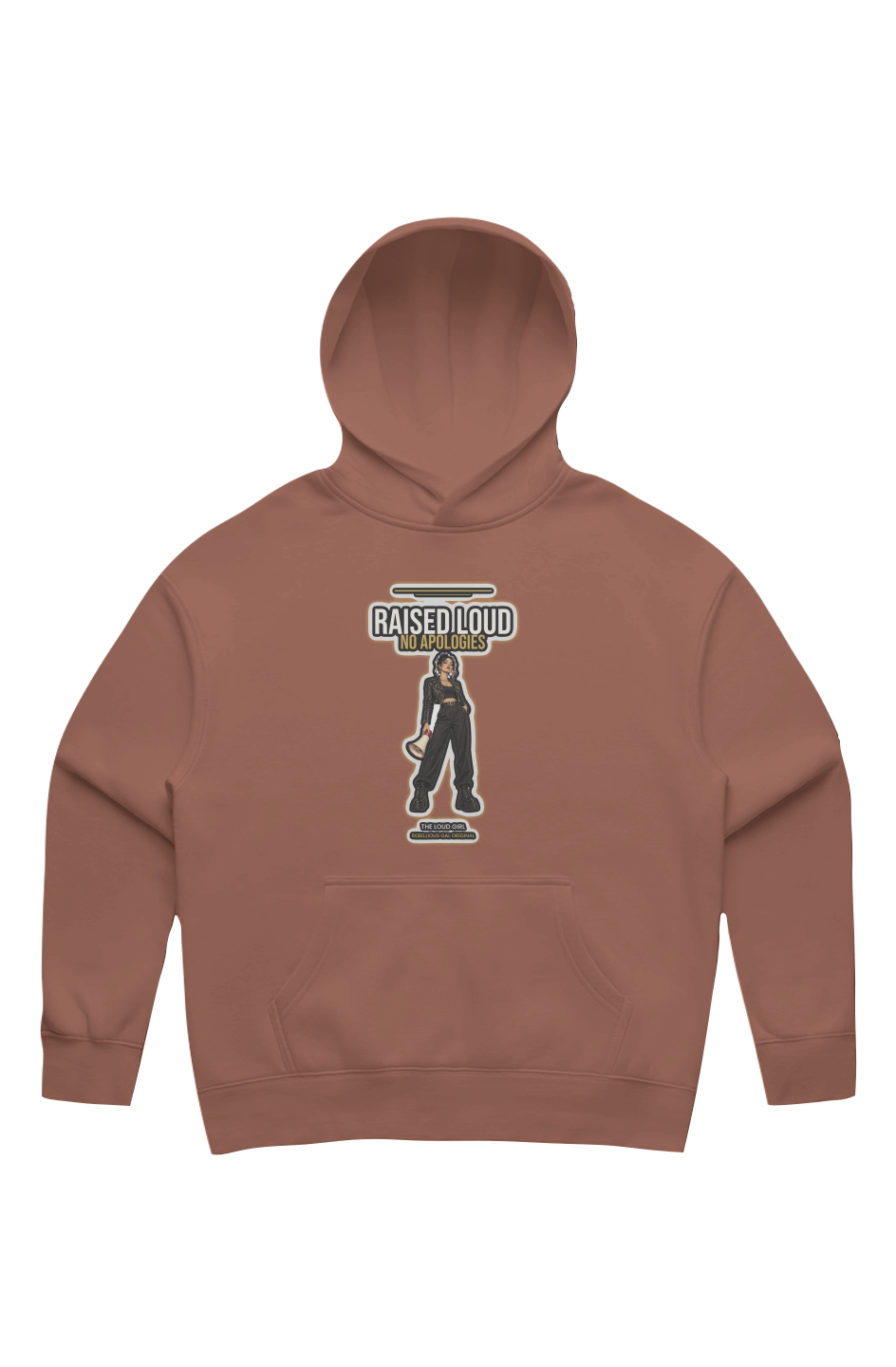 Hazy Pink oversized drop-shoulder hoodie printed with Raised Loud No Apologies and a megaphone girl