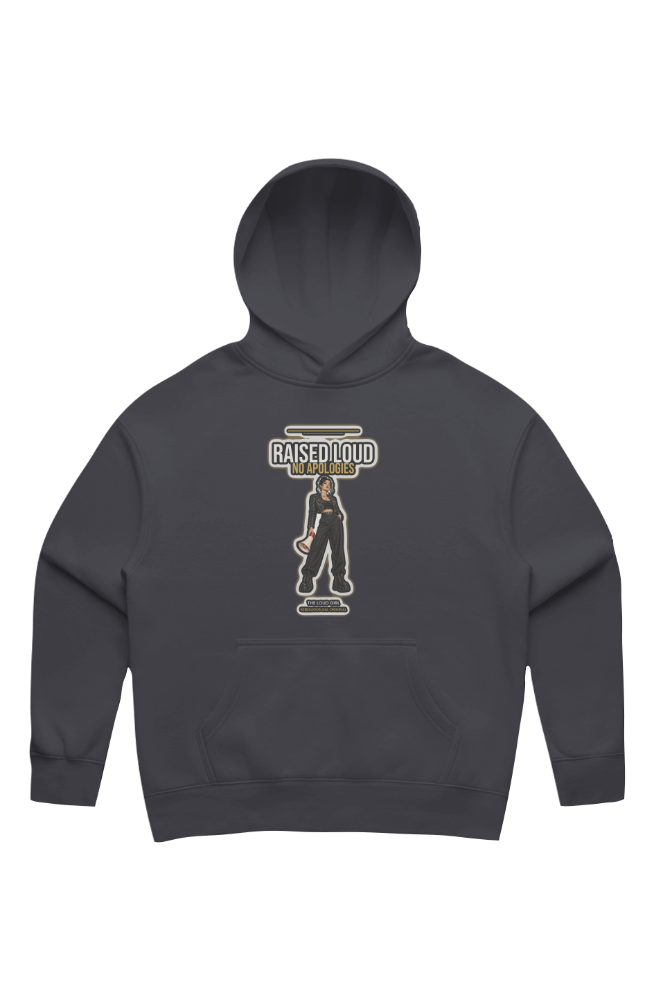 Ink Blue oversized drop-shoulder hoodie printed with Raised Loud No Apologies and a megaphone girl