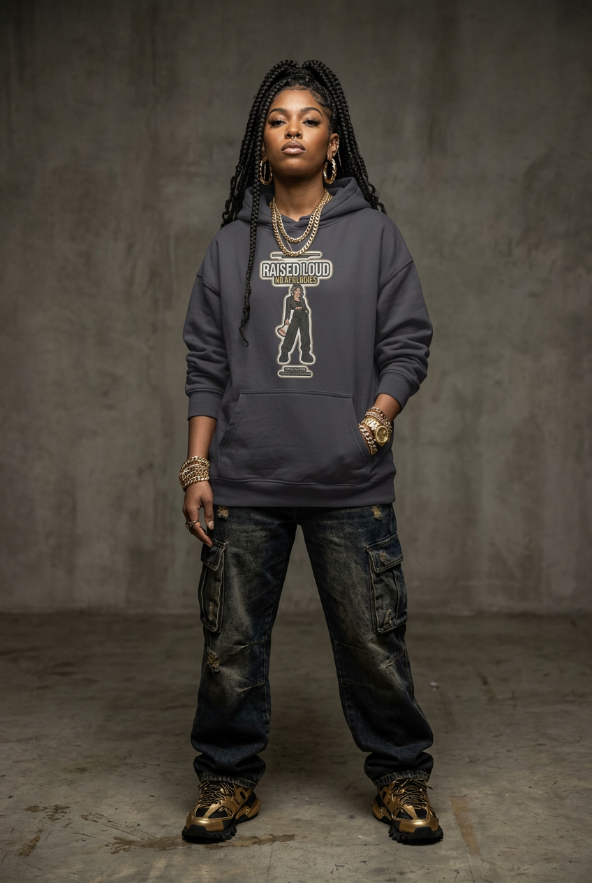 A model stands against a textured gray concrete wall wearing a dark gray hoodie with a white graphic print, dark cargo pants, and gold-toned sneakers.