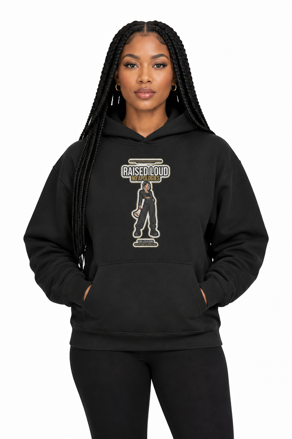 Woman with long braids in the black oversized drop-shoulder hoodie with the Raised Loud No Apologies print