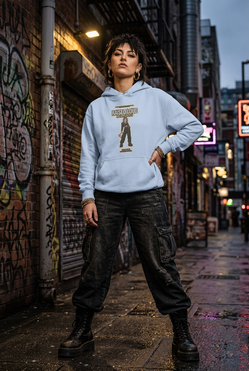 A model stands on a wet city street wearing a light blue pullover hoodie with a graphic print, paired with dark cargo pants and black boots.