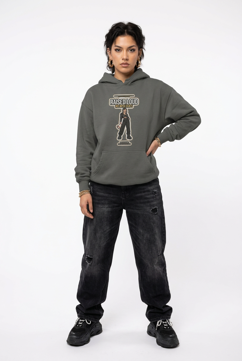 A model stands against a white studio background wearing a dark gray graphic hoodie with 'CASE HIRO' and a figure print on the front, paired with distressed black jeans and black sneakers.
