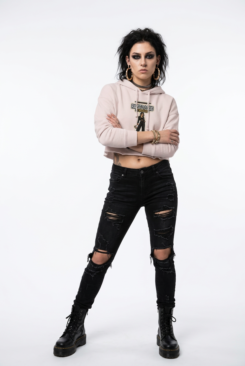 Blush pink cropped hoodie worn with arms folded, black ripped jeans and platform boots