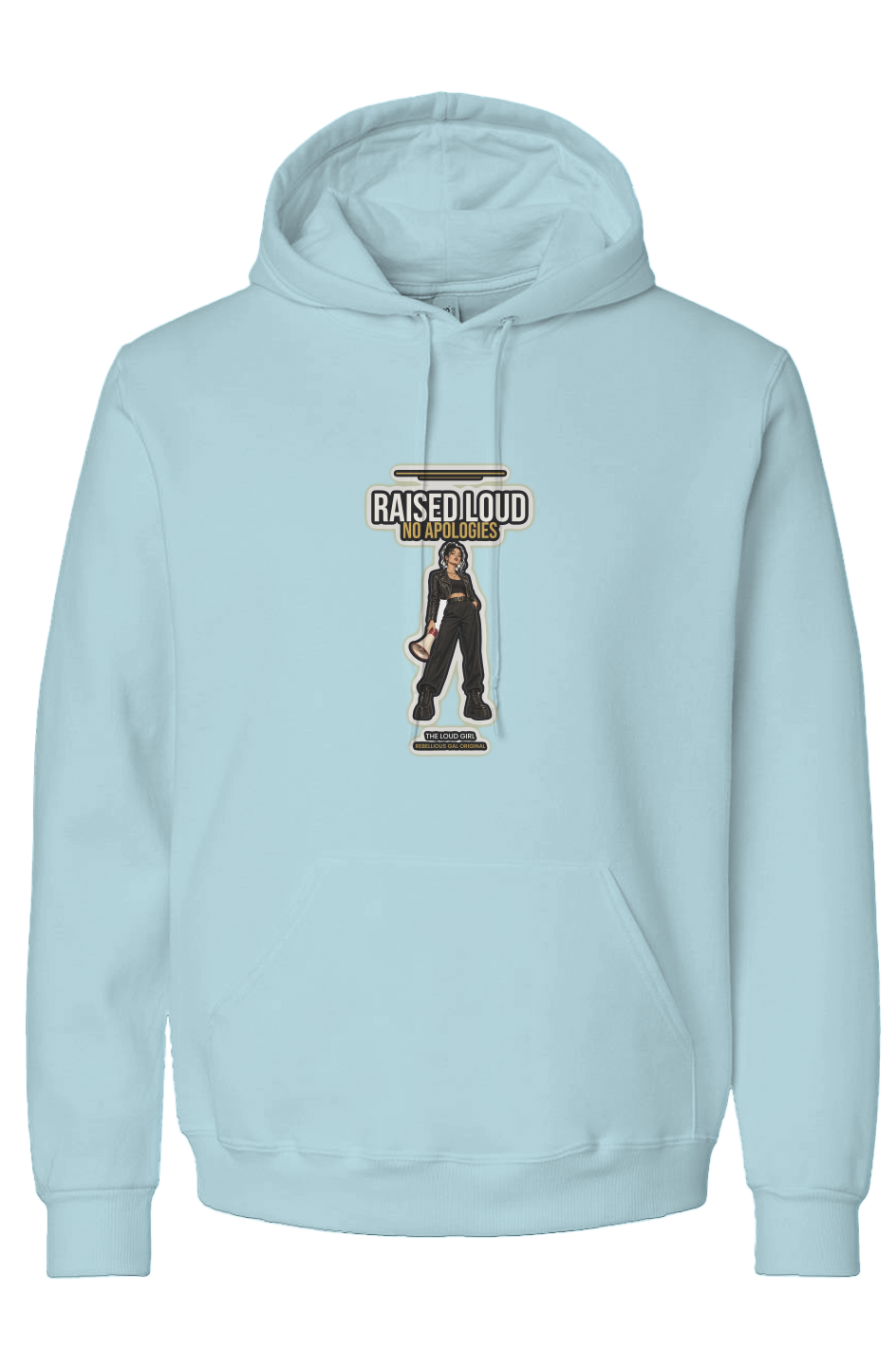 Cloud Heather recycled blend hoodie printed with Raised Loud No Apologies and a megaphone girl