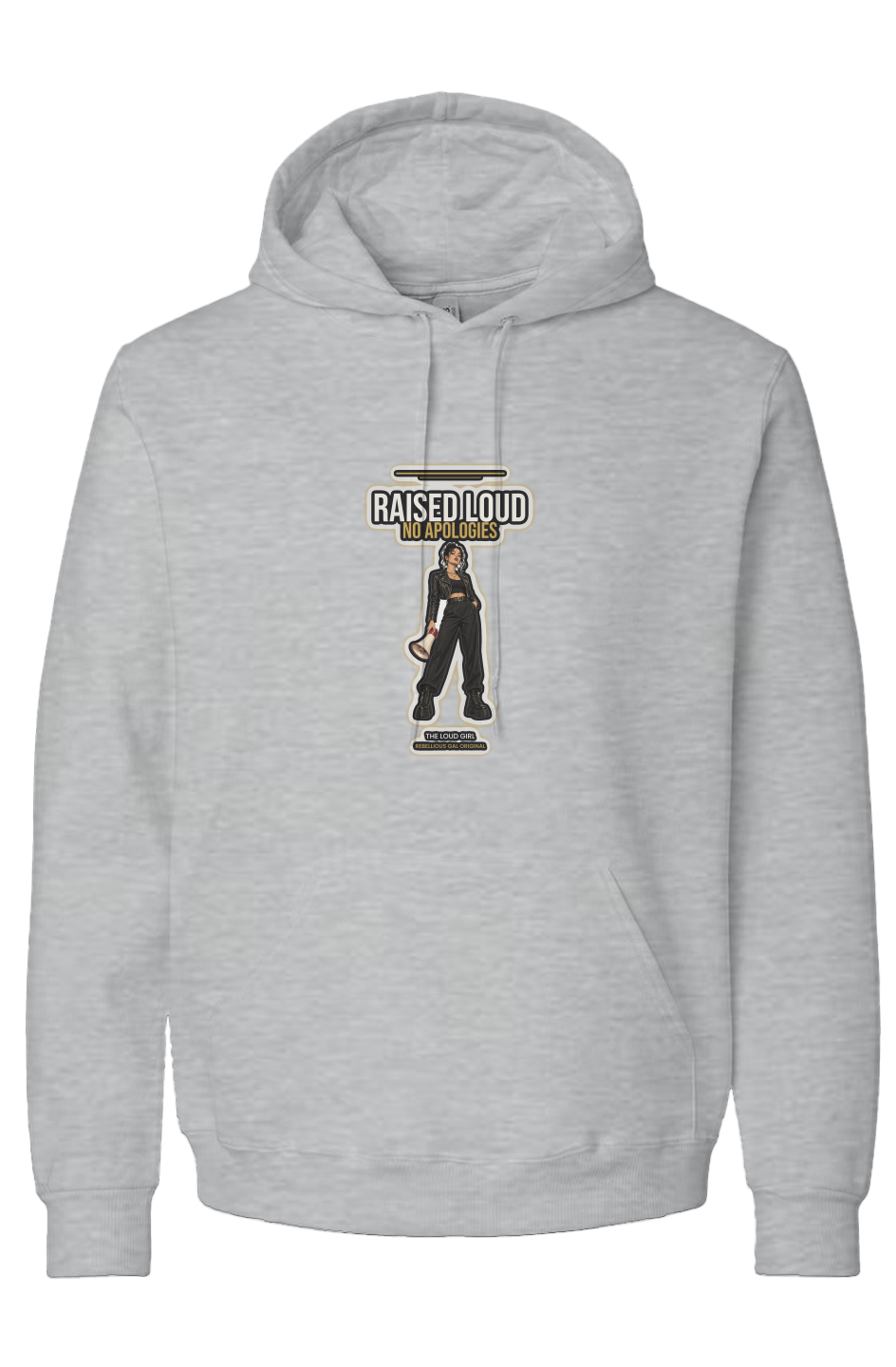 Frost Gray Heather recycled blend hoodie printed with Raised Loud No Apologies and a megaphone girl