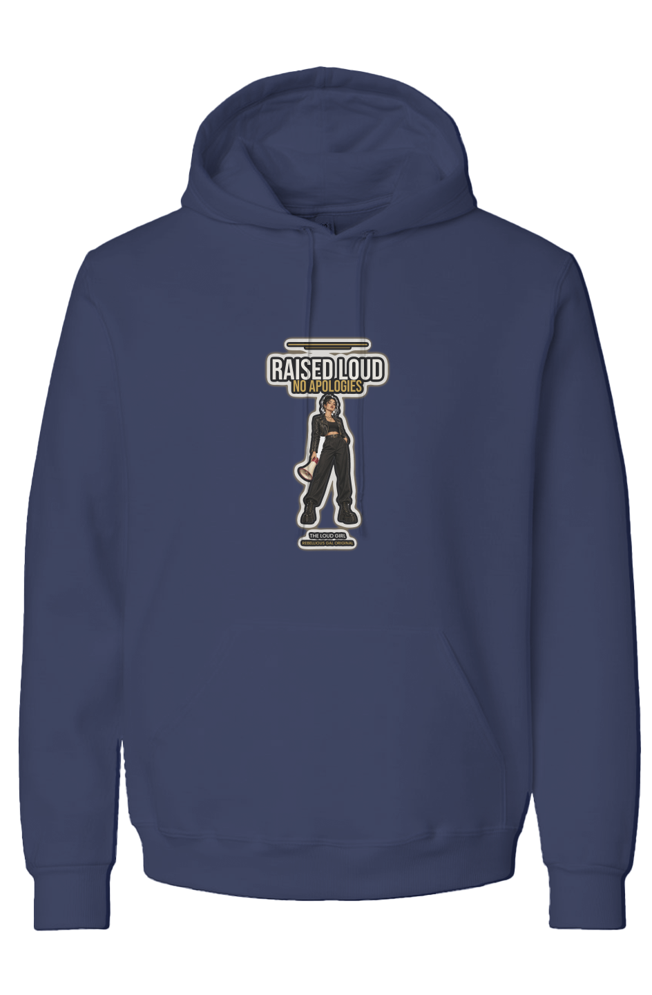 J. Navy recycled blend hoodie printed with Raised Loud No Apologies and a megaphone girl