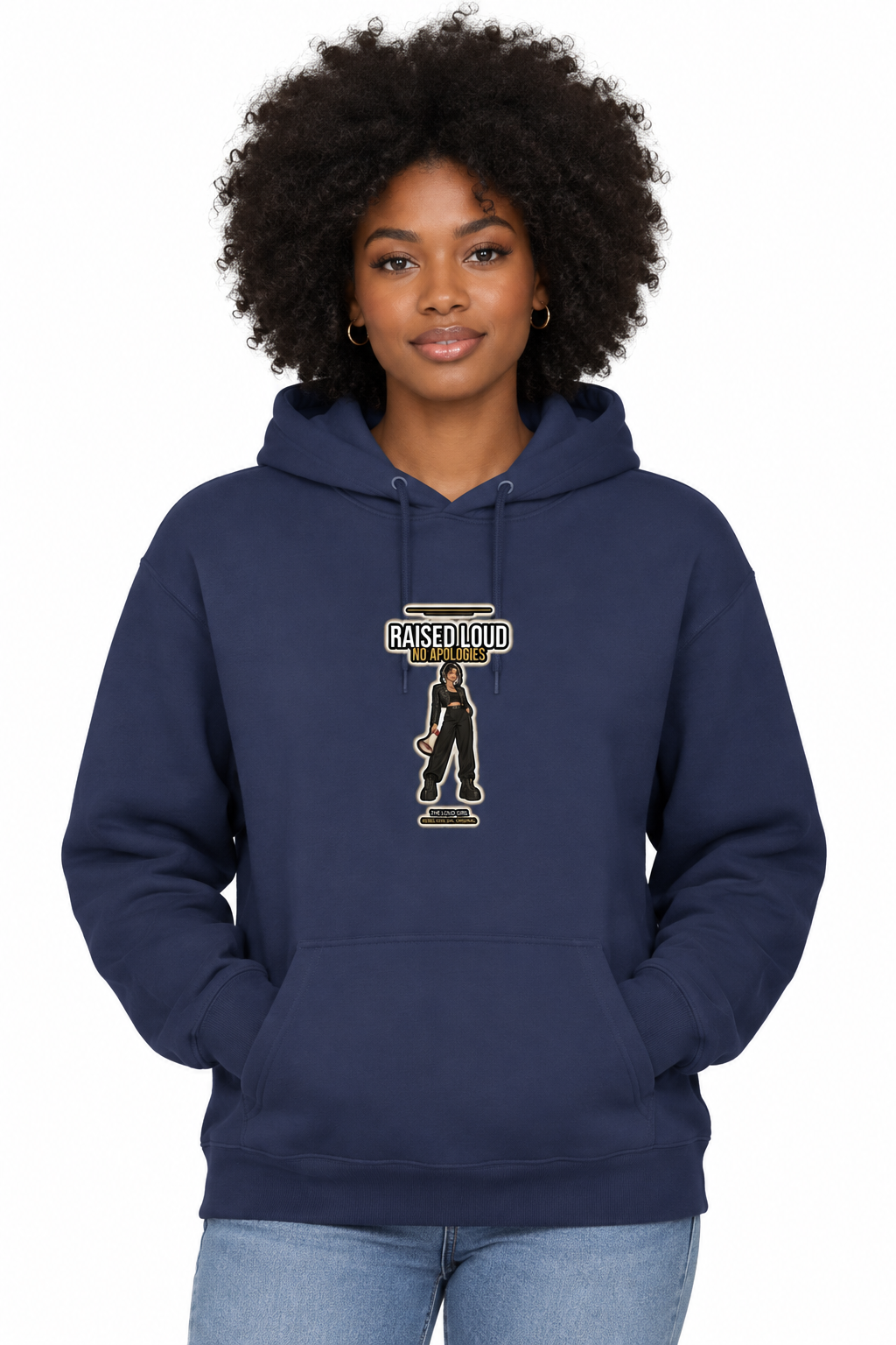 Woman with an afro in the navy recycled blend hoodie with the Raised Loud No Apologies print