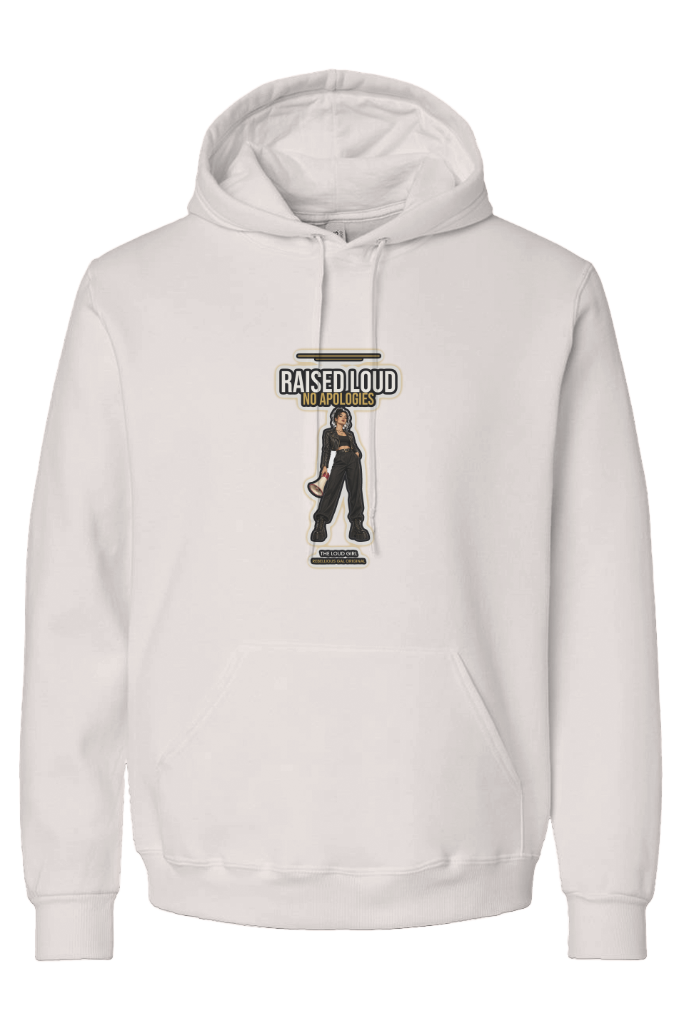 Sweet Cream Heather recycled blend hoodie printed with Raised Loud No Apologies and a megaphone girl