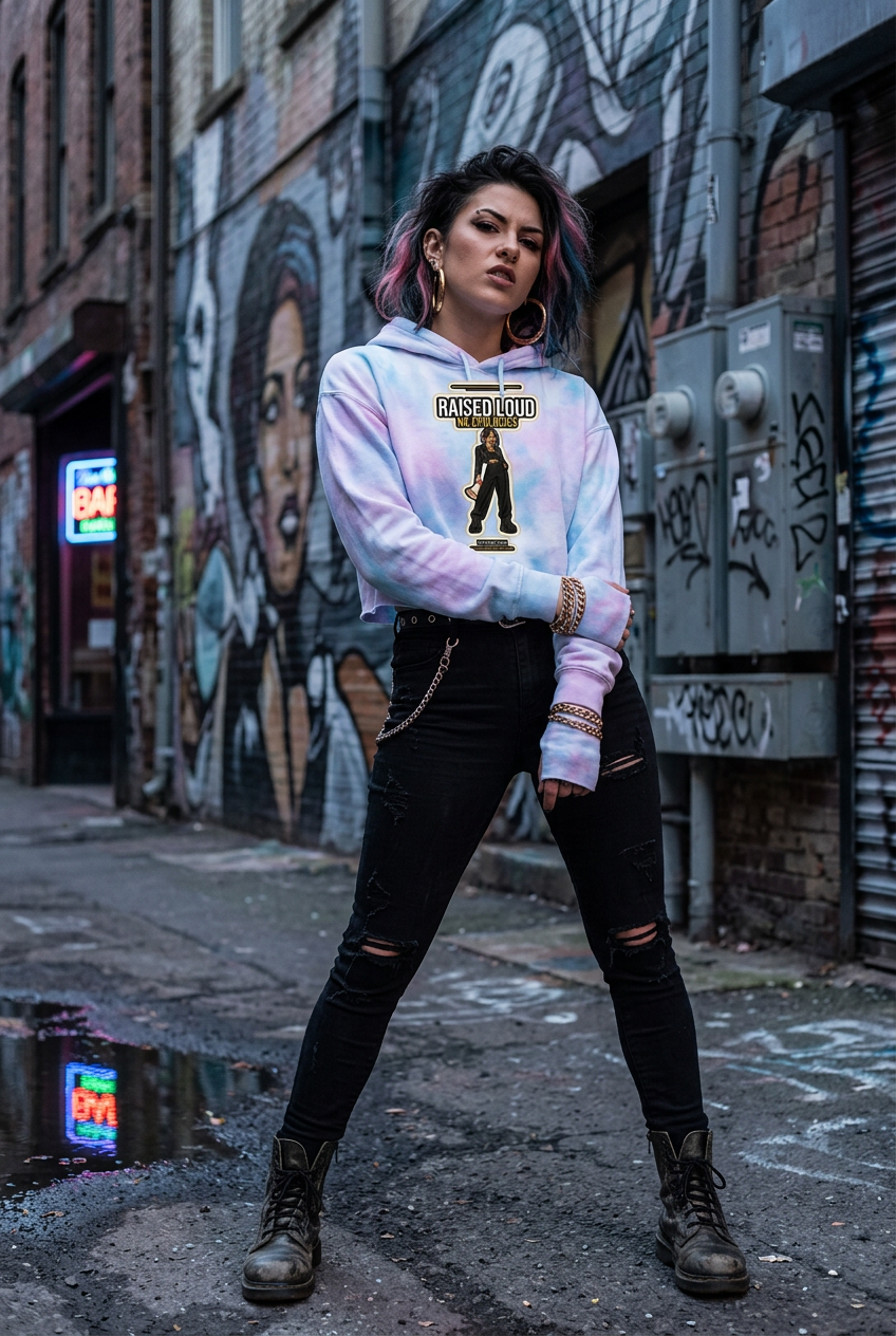 Pink and blue tie-dye cropped hoodie in a mural alley, belt chain and lace-up boots