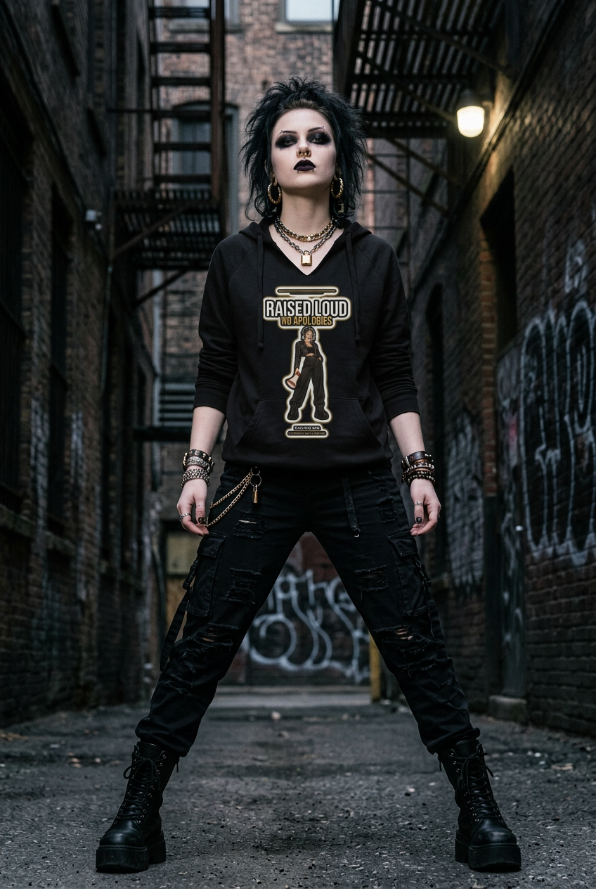 A person stands in a dark urban alley wearing a black long-sleeve graphic top with a gold and white 'Raised Wild' graphic, black distressed pants, and black boots.