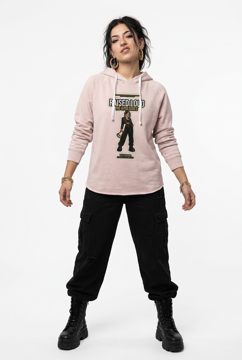A model wearing a light pink hoodie with a 'G-SEEN GOD' graphic print on the front, paired with black cargo pants and black combat boots, against a plain white studio background.