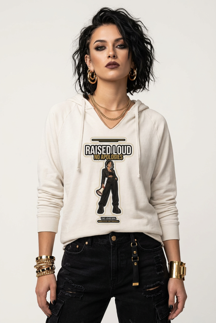 A model wearing a cream-colored hoodie with a graphic print that reads 'RAISED LOUD NO APPREHENSIVE' above an illustration of a woman holding a shotgun, paired with black cargo pants and gold jewelry against a plain light background.