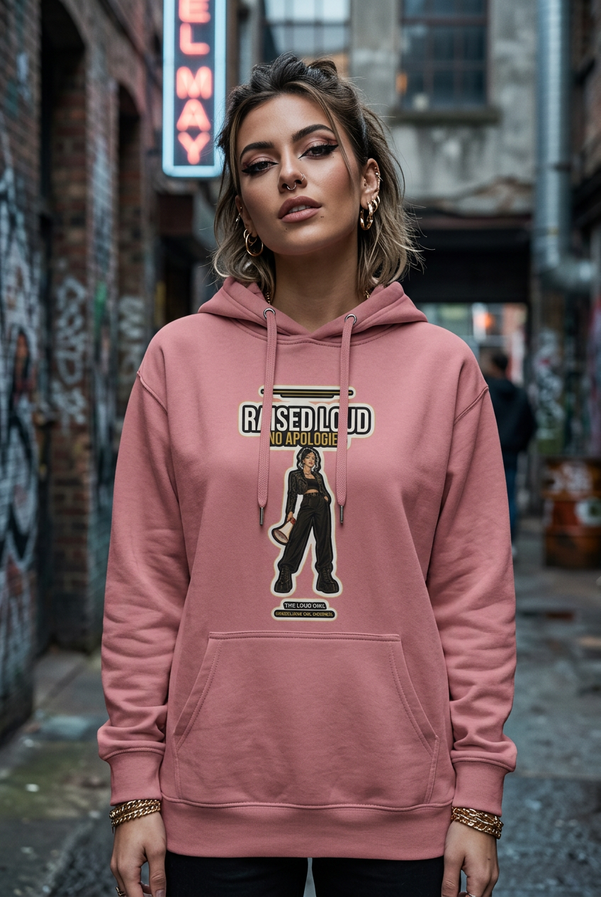 A woman wearing a dusty rose pink hoodie with a graphic print on the front, standing in a narrow urban alleyway.
