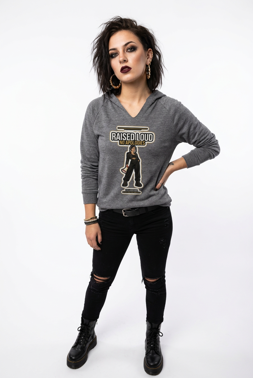 A woman modeling a heather gray long-sleeve hoodie with a 'RAISED TIDE' graphic on the front, paired with black ripped jeans and black combat boots, against a plain white studio background.