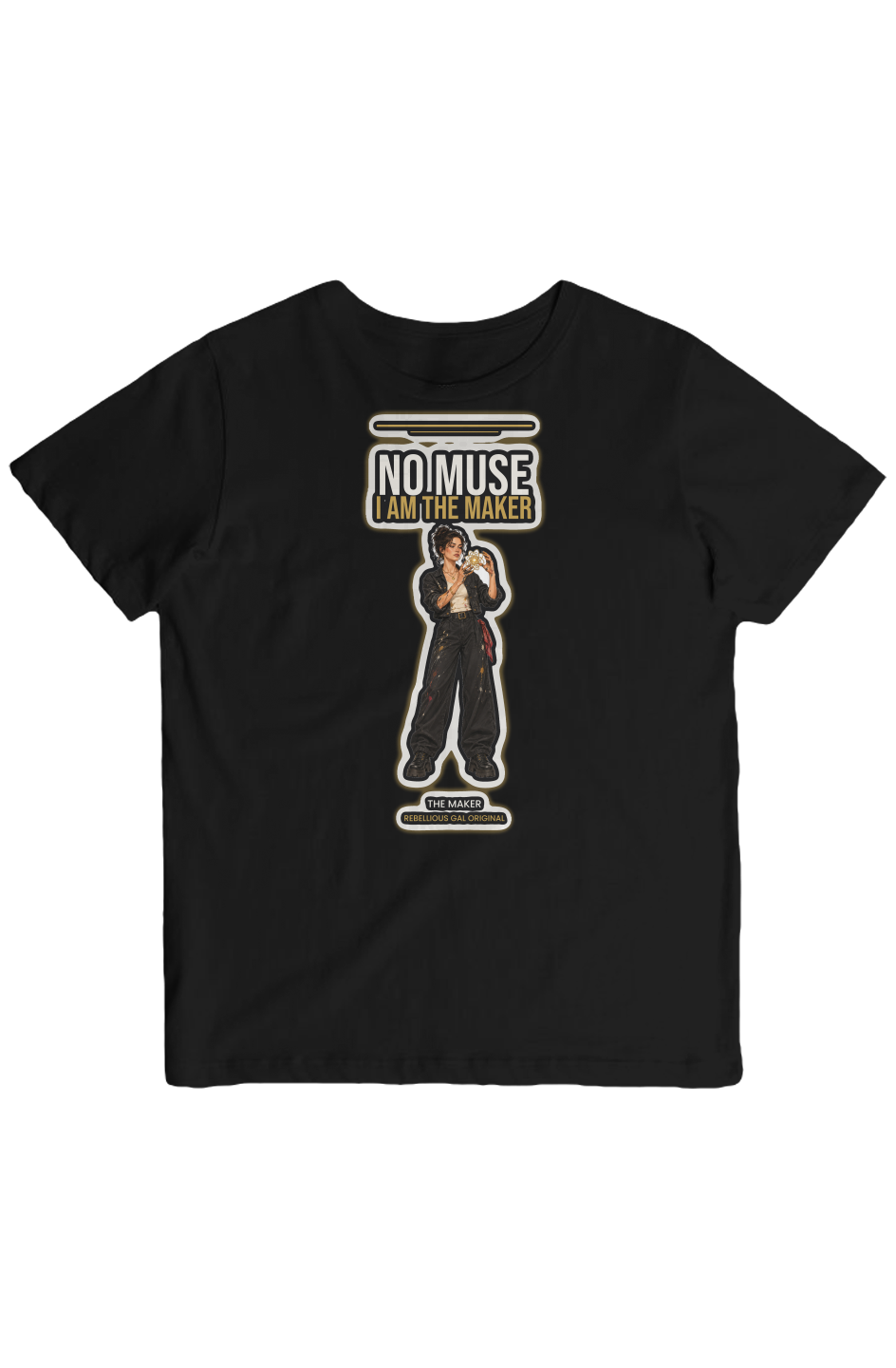 Black crew tee with NO MUSE print, woman in paint-splattered jacket holding glowing orb