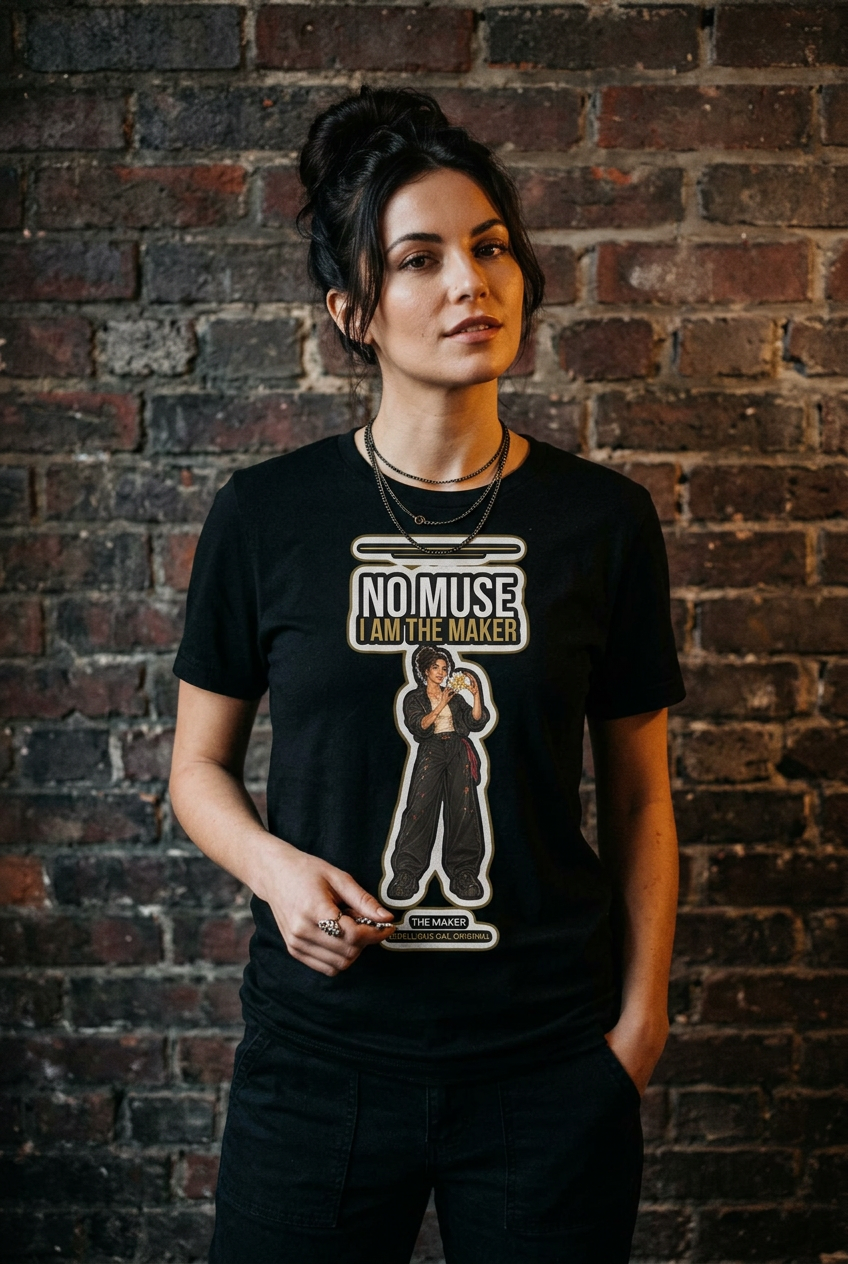 Woman with dark hair in a bun in the black Maker crew tee, brick wall