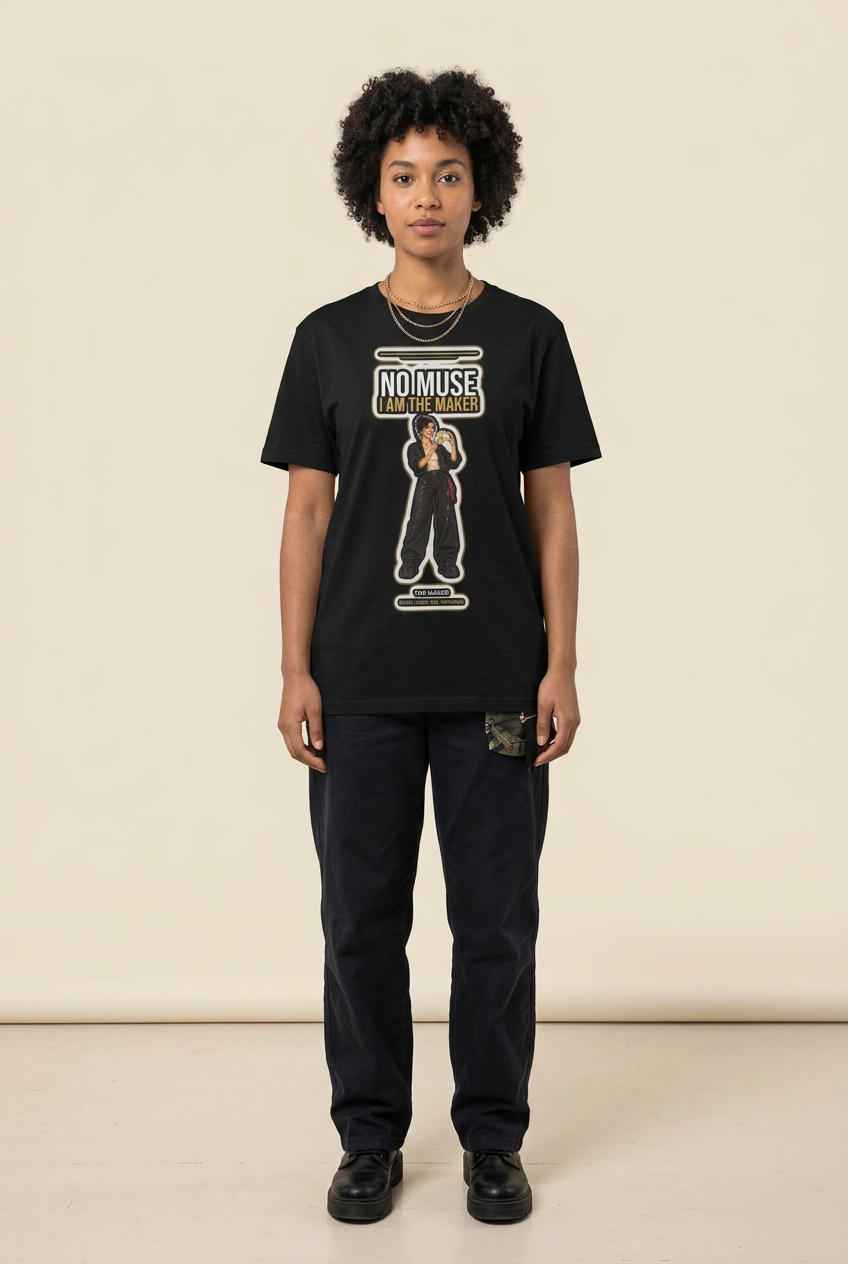 Woman with short curly hair and gold necklaces in the black Maker crew tee