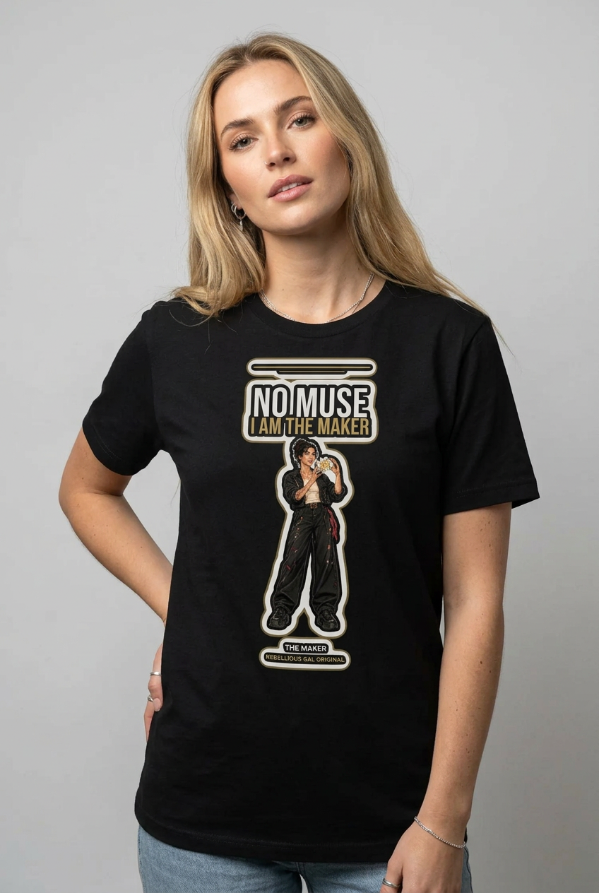 Woman with long blonde hair in the black Maker crew tee, light grey studio backdrop