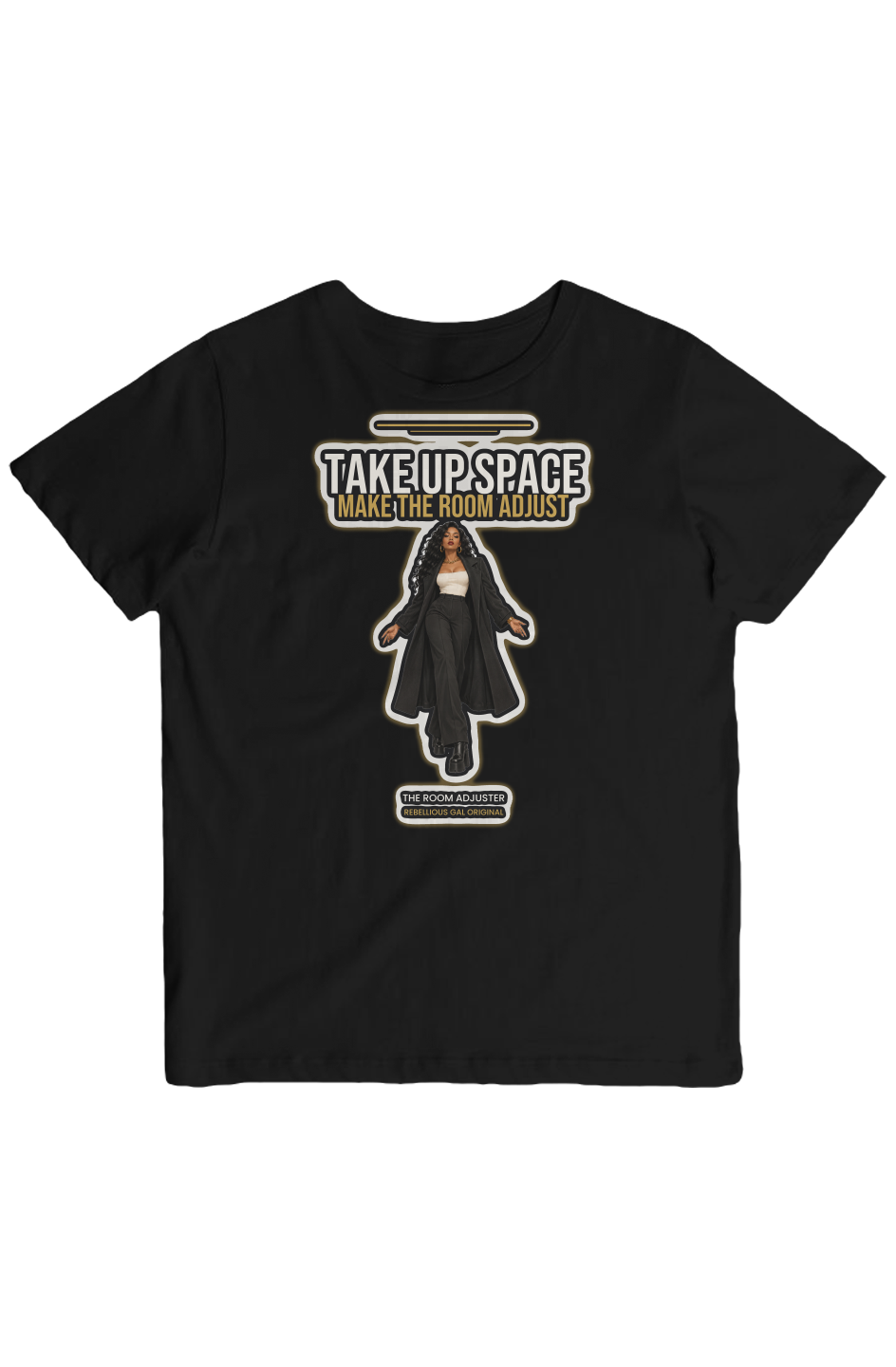 Black crew tee with TAKE UP SPACE print, woman in long coat with arms open