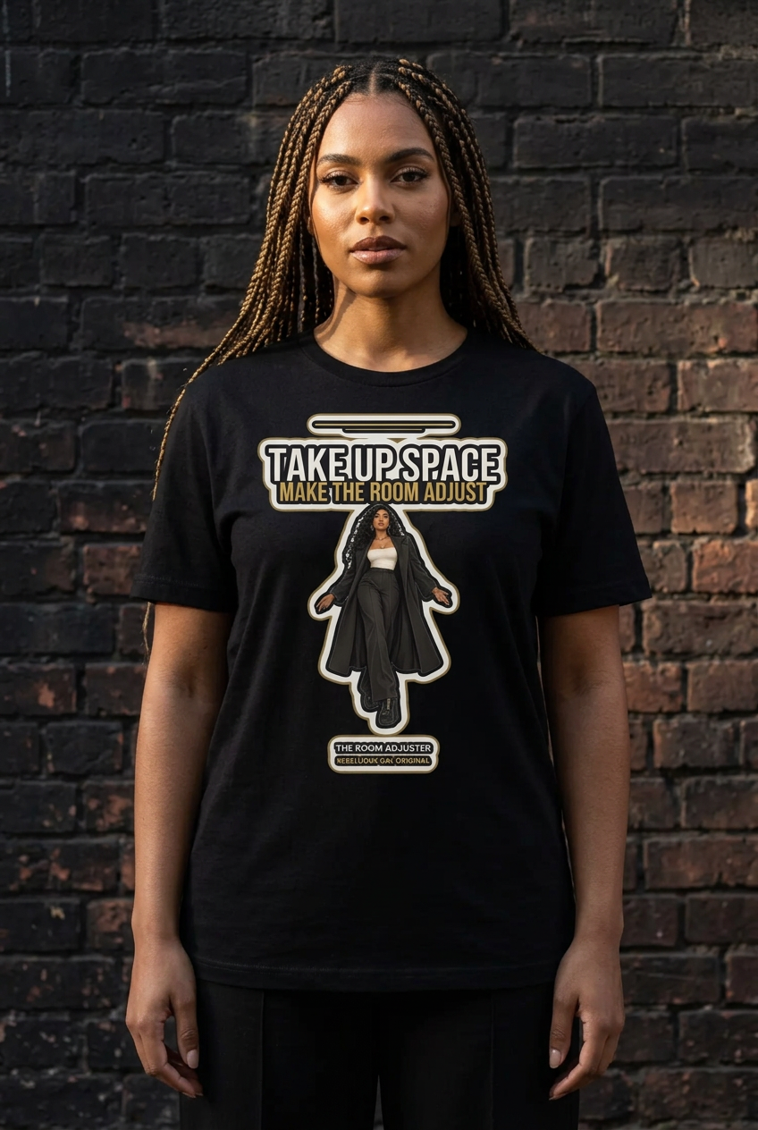 Woman with long braided hair in the black Room Adjuster crew tee, brick wall