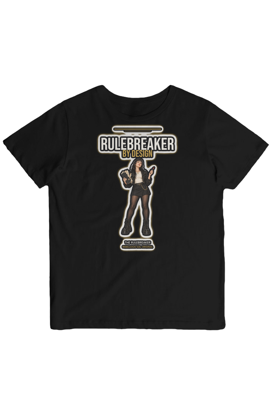 Black crew tee with illustrated woman holding a book and red pen beneath RULEBREAKER, BY DESIGN