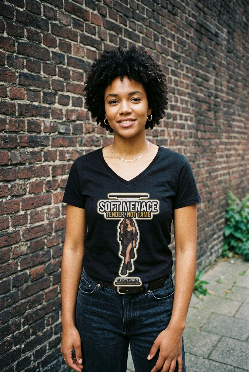 Woman with short curly hair in the black Soft Menace V-neck tee against a brick wall