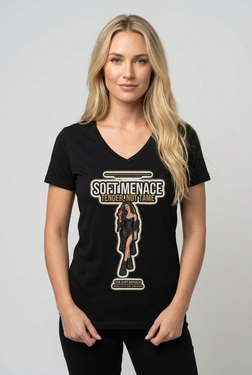 Woman with long blonde hair in the black Soft Menace V-neck tee, grey studio backdrop