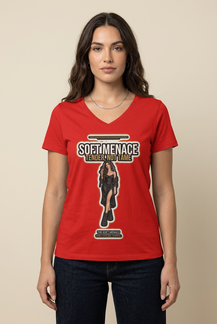 Woman with long wavy dark hair in the team red Soft Menace V-neck tee, beige backdrop