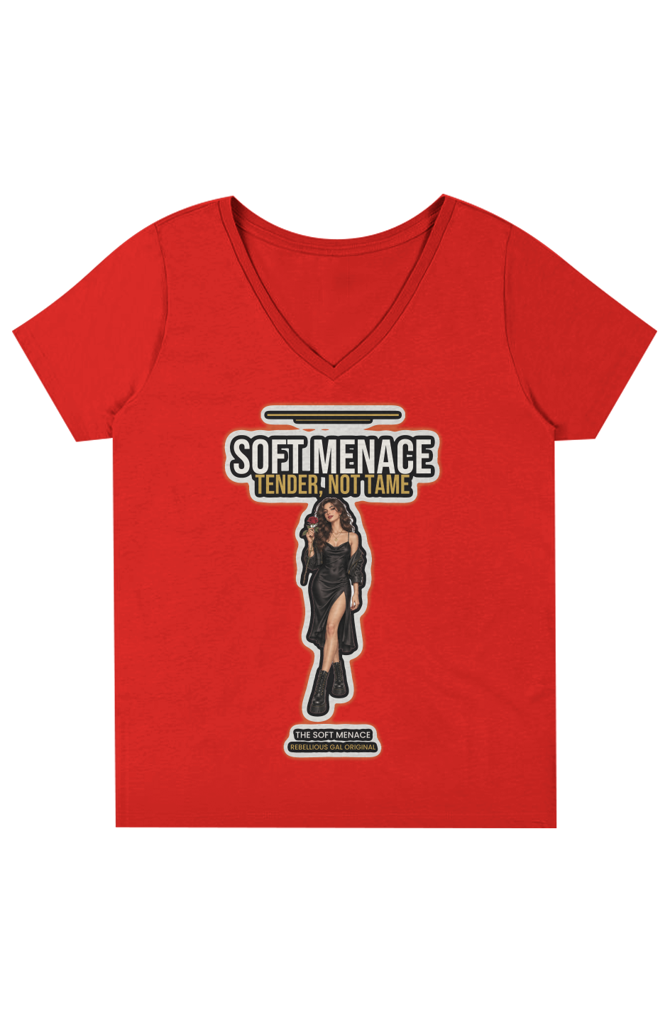 Team red V-neck tee with SOFT MENACE print, woman in slip dress holding rose