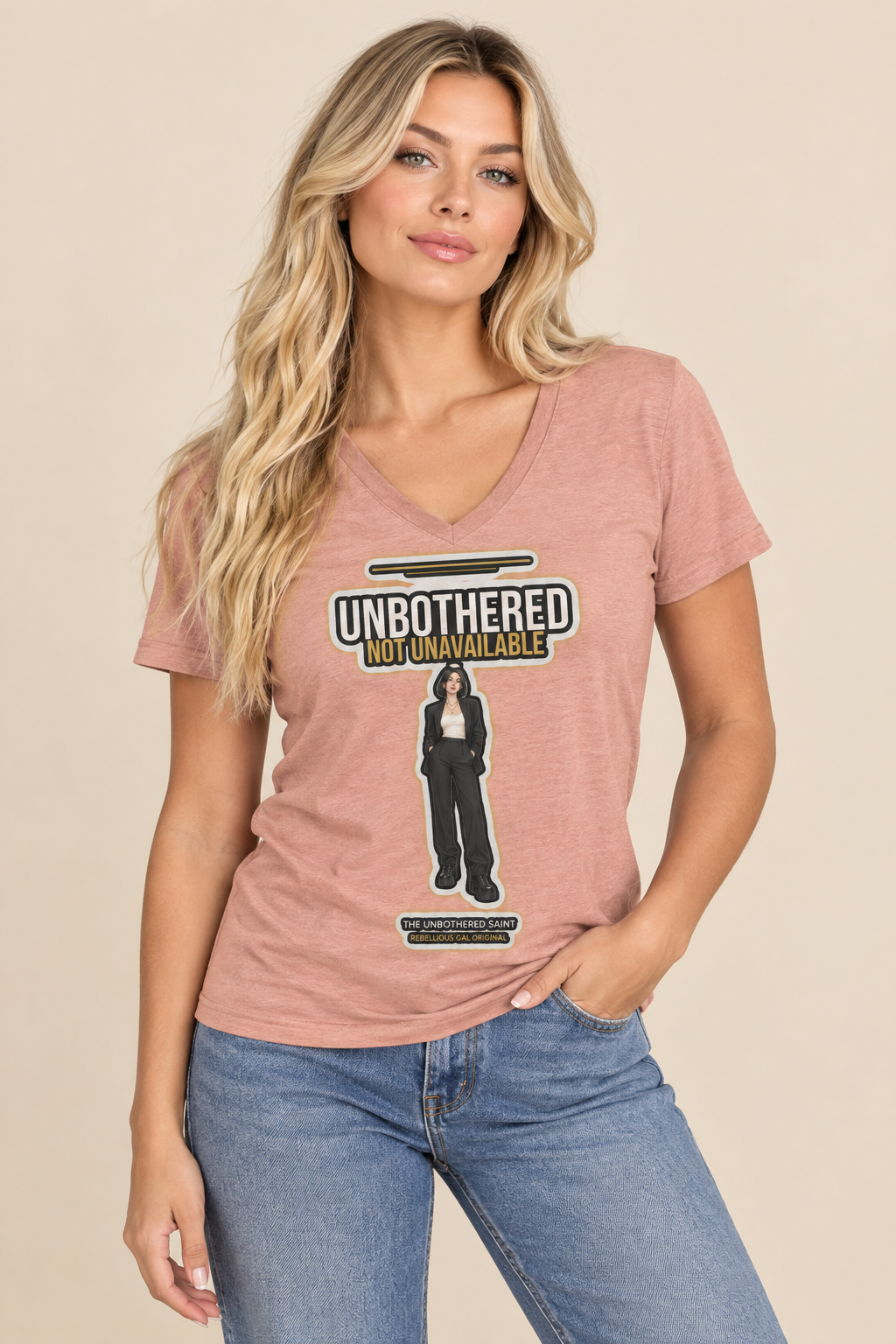 Woman with long blonde hair in the dusty rose Unbothered Saint v-neck tee, beige backdrop