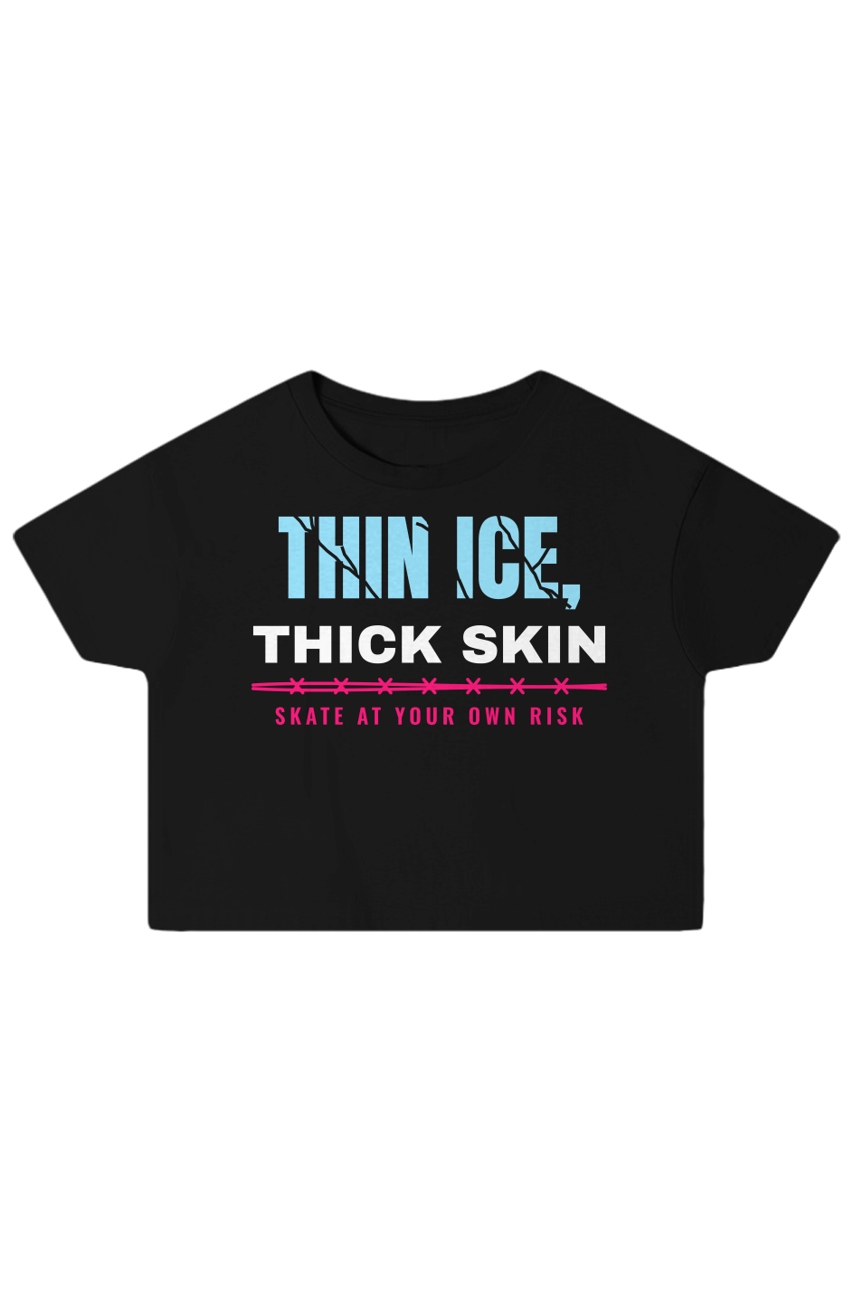 Black boxy crop top with cracked Thin Ice lettering over Thick Skin in white