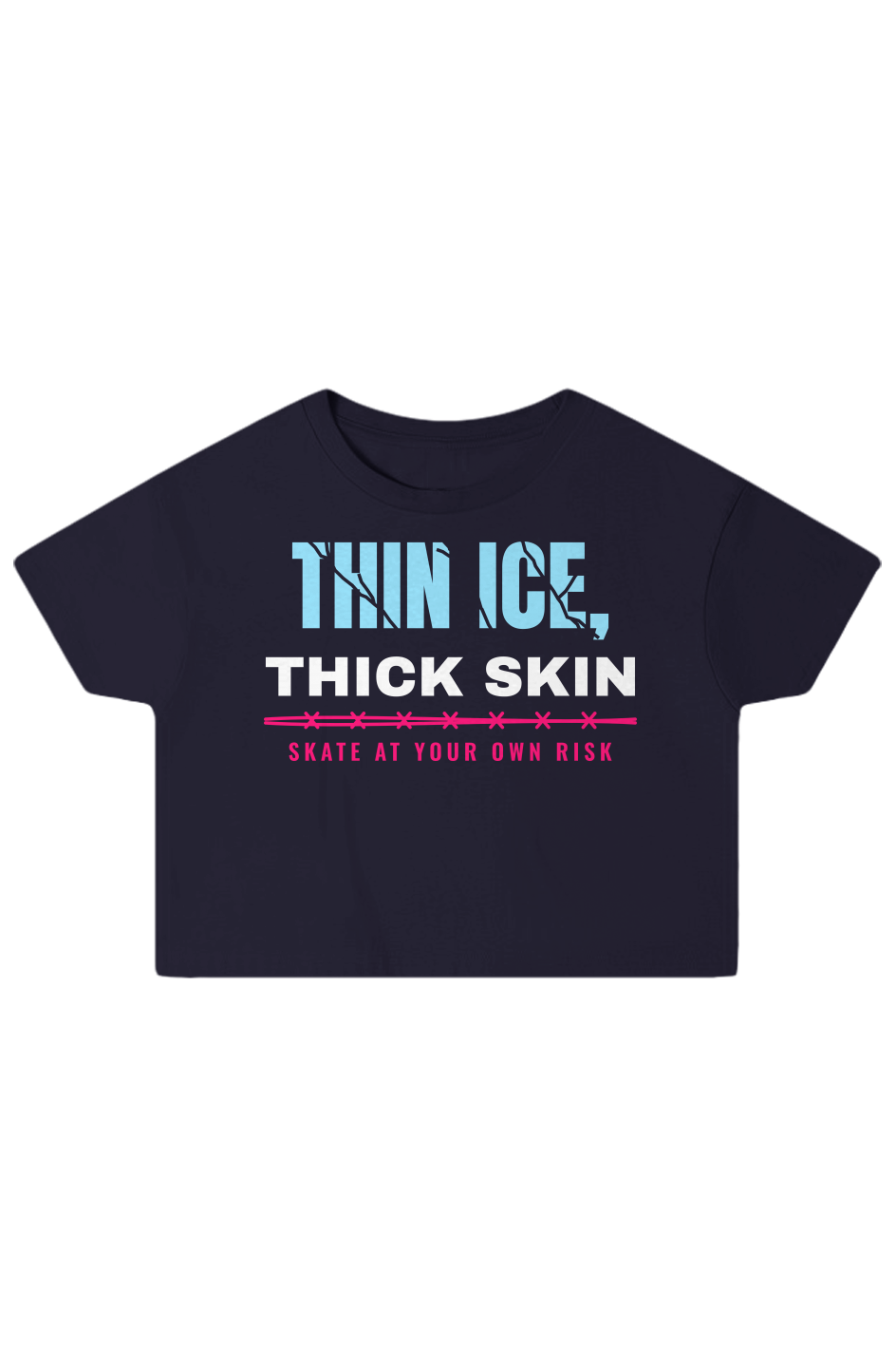 Navy boxy crop top with cracked Thin Ice lettering over Thick Skin in white
